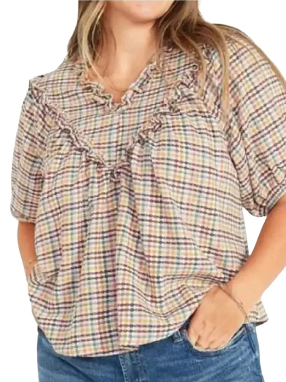 Old Navy Multicolor Plaid 100% Cotton Ruffle Yoke Short Sleeve Oversized Blouse
